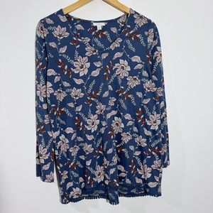 J. Jill Tropical Floral Modal Blend V-Neck Top XS Boho Romantic Cottagecore‎
